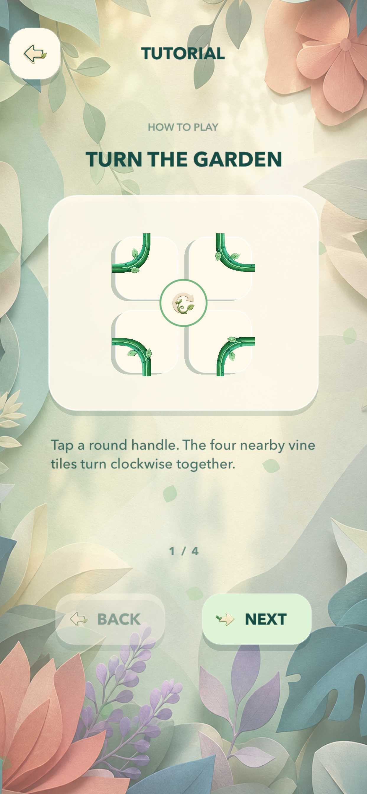 Vine Quartet tutorial screen showing a quartet of rotating garden tiles